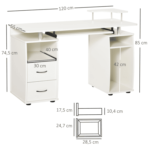 HOMCOM Mesa de Computador Mesa de Escritório com Múltiplas Prateleiras 2 Gavetas Bandeja de Teclado e Suporte para Monitor e CPU 120x55x85 cm Branco