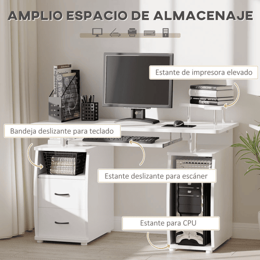HOMCOM Mesa de Computador Mesa de Escritório com Múltiplas Prateleiras 2 Gavetas Bandeja de Teclado e Suporte para Monitor e CPU 120x55x85 cm Branco