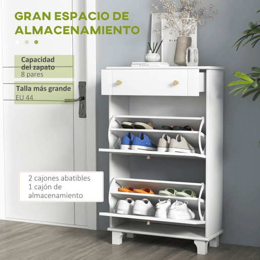 HOMCOM Sapateira Branca Móvel Sapateira Estreita com 2 Portas e 1 Gaveta para 8 Pares de Sapatos para Entrada Corredor 60x23,5x98,5 cm Branco