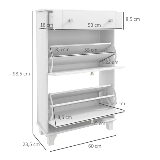 HOMCOM Sapateira Branca Móvel Sapateira Estreita com 2 Portas e 1 Gaveta para 8 Pares de Sapatos para Entrada Corredor 60x23,5x98,5 cm Branco