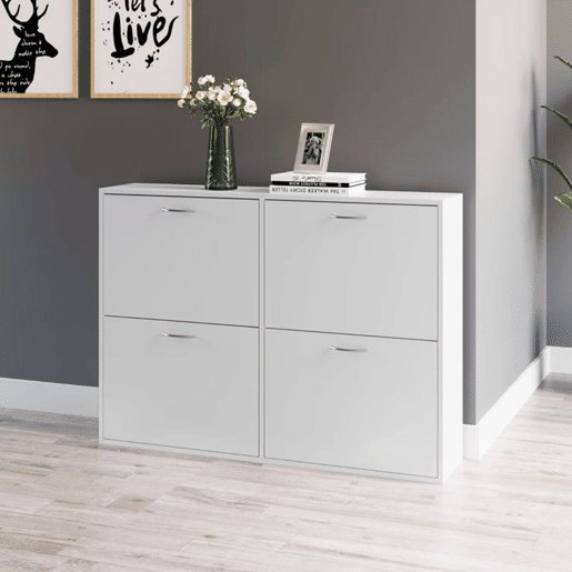 HOMCOM Móvel Sapateira Branca Sapateira Moderna com 4 Gavetas Abatíveis e Prateleiras Ajustáveis para 16-24 Pares de Sapatos para Corredor Entrada 120x24x81 cm Branco