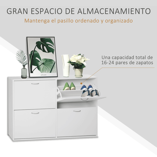HOMCOM Móvel Sapateira Branca Sapateira Moderna com 4 Gavetas Abatíveis e Prateleiras Ajustáveis para 16-24 Pares de Sapatos para Corredor Entrada 120x24x81 cm Branco