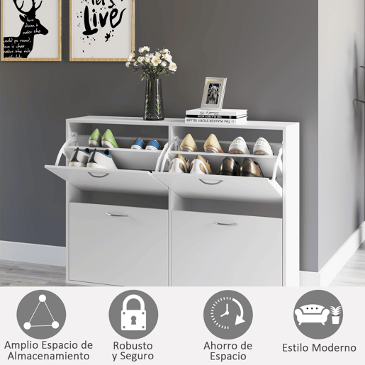 HOMCOM Móvel Sapateira Branca Sapateira Moderna com 4 Gavetas Abatíveis e Prateleiras Ajustáveis para 16-24 Pares de Sapatos para Corredor Entrada 120x24x81 cm Branco