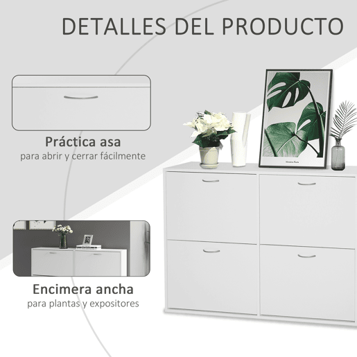 HOMCOM Móvel Sapateira Branca Sapateira Moderna com 4 Gavetas Abatíveis e Prateleiras Ajustáveis para 16-24 Pares de Sapatos para Corredor Entrada 120x24x81 cm Branco