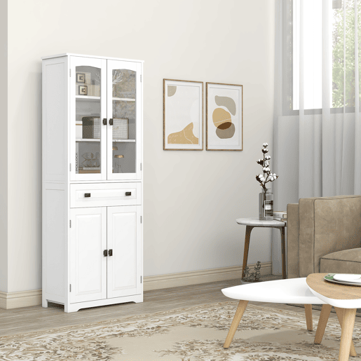 HOMCOM Armário de Cozinha Móvel Auxiliar de Cozinha com 4 Portas 1 Gaveta e 2 Prateleiras Ajustáveis para Sala de Jantar 60x30x160 cm Branco