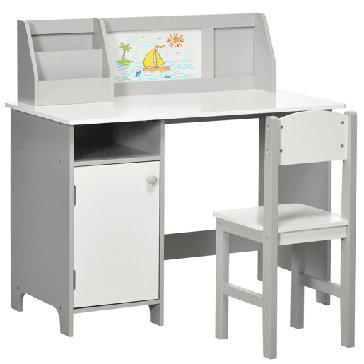 HOMCOM Conjunto de Mesa e Cadeira Infantil de Madeira com Quadro Branco Mesa de Estudo para Crianças acima de 5 Anos Móvel Escritório Infantil 90x45x85cm Cinza