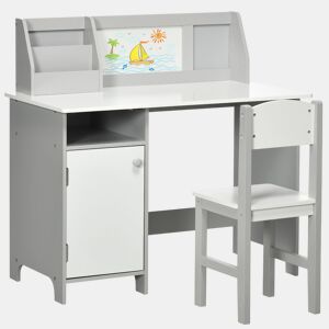 HOMCOM Conjunto de Mesa e Cadeira Infantil de Madeira com Quadro Branco Mesa de Estudo para Crianças acima de 5 Anos Móvel Escritório Infantil 90x45x85cm Cinza
