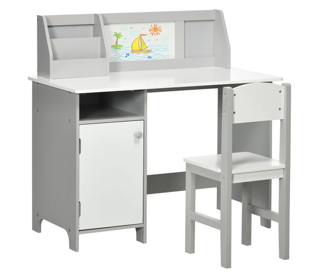 Homcom juego de mesa y silla infantil de madera con pizarra blanca mesa de estudio para niños de +5 años mueble escritorio infantil 90x45x85 cm gris