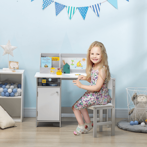 HOMCOM Conjunto de Mesa e Cadeira Infantil de Madeira com Quadro Branco Mesa de Estudo para Crianças acima de 5 Anos Móvel Escritório Infantil 90x45x85cm Cinza