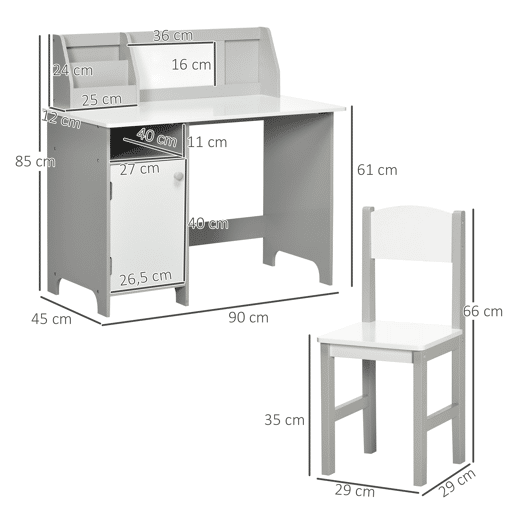 HOMCOM Conjunto de Mesa e Cadeira Infantil de Madeira com Quadro Branco Mesa de Estudo para Crianças acima de 5 Anos Móvel Escritório Infantil 90x45x85cm Cinza