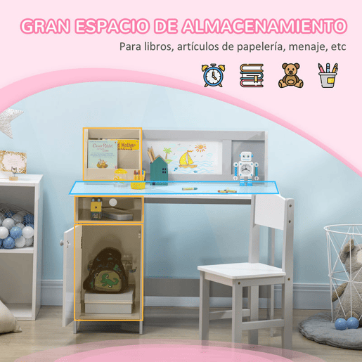 HOMCOM Conjunto de Mesa e Cadeira Infantil de Madeira com Quadro Branco Mesa de Estudo para Crianças acima de 5 Anos Móvel Escritório Infantil 90x45x85cm Cinza