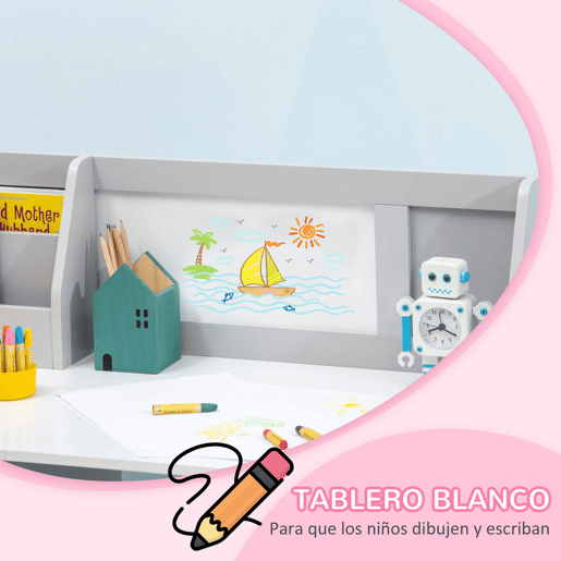 HOMCOM Conjunto de Mesa e Cadeira Infantil de Madeira com Quadro Branco Mesa de Estudo para Crianças acima de 5 Anos Móvel Escritório Infantil 90x45x85cm Cinza