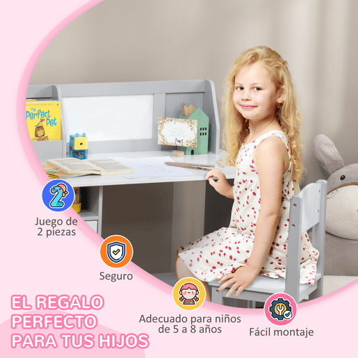 HOMCOM Conjunto de Mesa e Cadeira Infantil de Madeira com Quadro Branco Mesa de Estudo para Crianças acima de 5 Anos Móvel Escritório Infantil 90x45x85cm Cinza