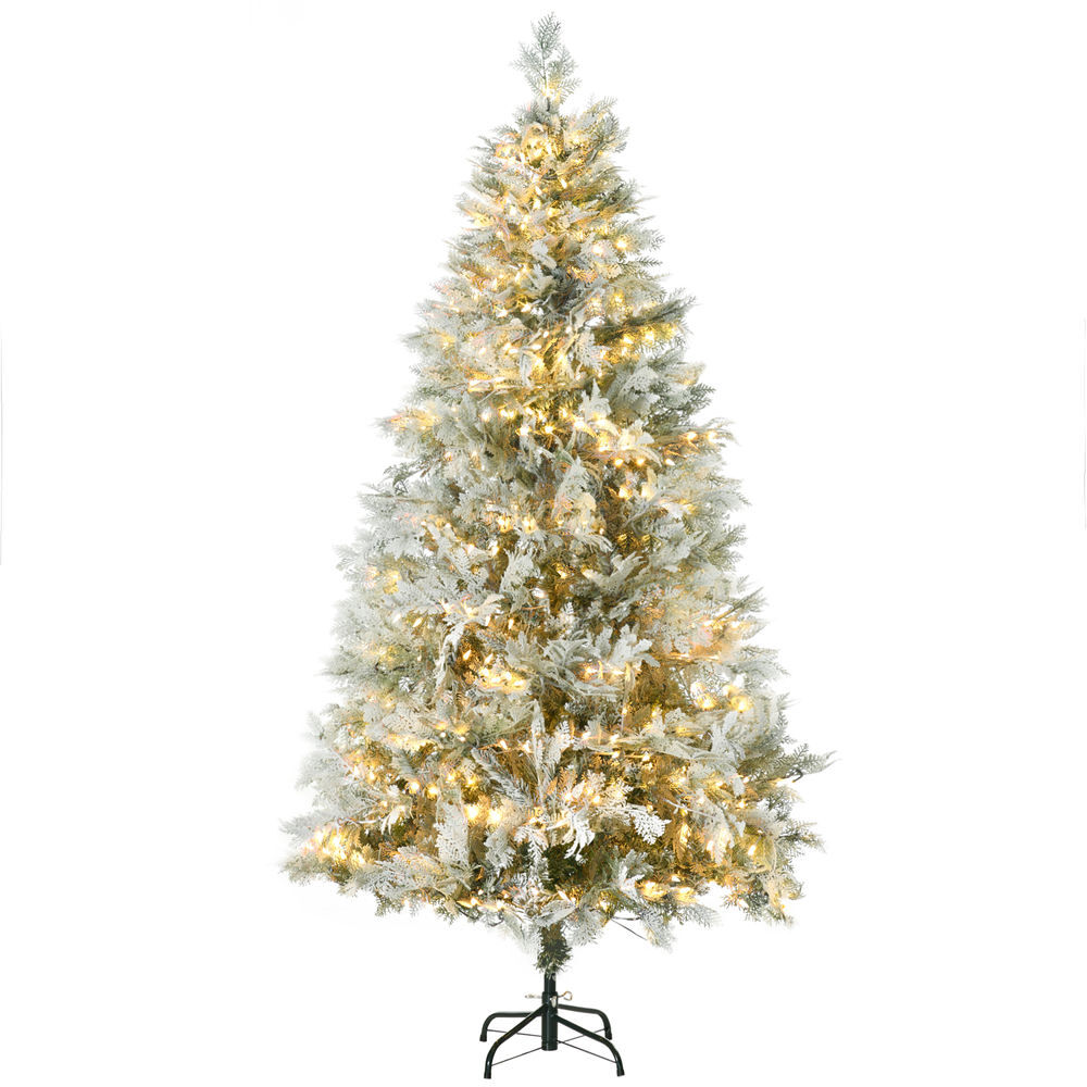 Homcom árbol de navidad artificial 180 cm con 300 luces led blancas cálidas árbol de navidad nevado con 577 ramas forma de ciprés base plegable decoración navideña