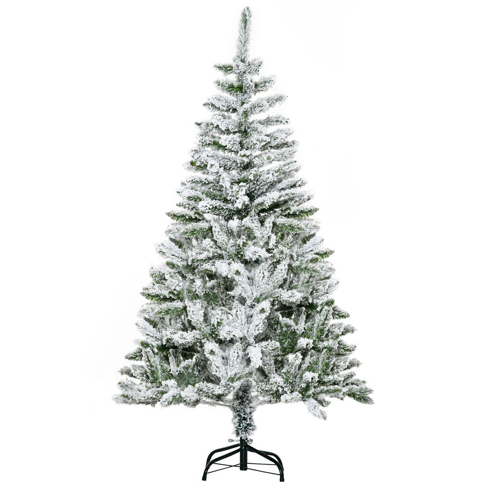 Homcom árbol de navidad artificial 150 cm con nieve ignífugo con 358 ramas apertura automática base plegable y soporte metálico decoración navideña para interiores verde