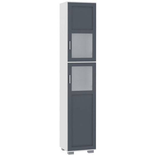 kleankin Coluna Casa de Banho Móvel Auxiliar Casa de Banho com 2 Portas com Vidro Temperado e Prateleiras Ajustáveis 37x35x190 cm Branco e Cinza