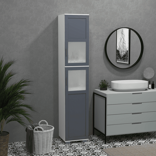 kleankin Coluna Casa de Banho Móvel Auxiliar Casa de Banho com 2 Portas com Vidro Temperado e Prateleiras Ajustáveis 37x35x190 cm Branco e Cinza