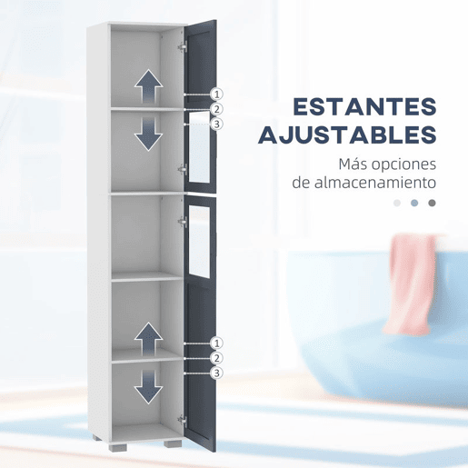 kleankin Coluna Casa de Banho Móvel Auxiliar Casa de Banho com 2 Portas com Vidro Temperado e Prateleiras Ajustáveis 37x35x190 cm Branco e Cinza
