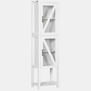 kleankin Coluna Casa de Banho Armário Alto Casa de Banho com 2 Portas de Vidro Prateleiras Ajustáveis e Prateleira de Armazenamento 45x30x170 cm Branco