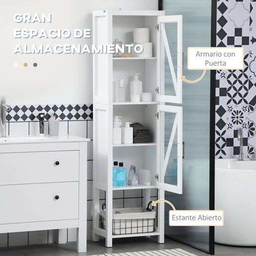 kleankin Coluna Casa de Banho Armário Alto Casa de Banho com 2 Portas de Vidro Prateleiras Ajustáveis e Prateleira de Armazenamento 45x30x170 cm Branco