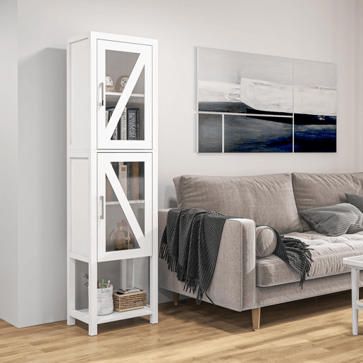 kleankin Coluna Casa de Banho Armário Alto Casa de Banho com 2 Portas de Vidro Prateleiras Ajustáveis e Prateleira de Armazenamento 45x30x170 cm Branco