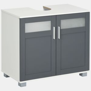 kleankin Móvel para Lavatório Pousar Armário para Lavatório Casa de Banho com 2 Portas com Vidro Temperado e Prateleira Ajustável 69x35x59 cm Branco e Cinza