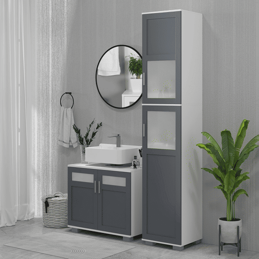 kleankin Móvel para Lavatório Pousar Armário para Lavatório Casa de Banho com 2 Portas com Vidro Temperado e Prateleira Ajustável 69x35x59 cm Branco e Cinza