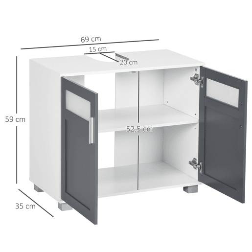 kleankin Móvel para Lavatório Pousar Armário para Lavatório Casa de Banho com 2 Portas com Vidro Temperado e Prateleira Ajustável 69x35x59 cm Branco e Cinza