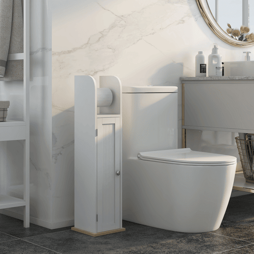 kleankin Armário Casa de Banho Armário Auxiliar Casa de Banho com Prateleiras Ajustáveis e Suporte para Papel Higiénico 20x20x80 cm Branco