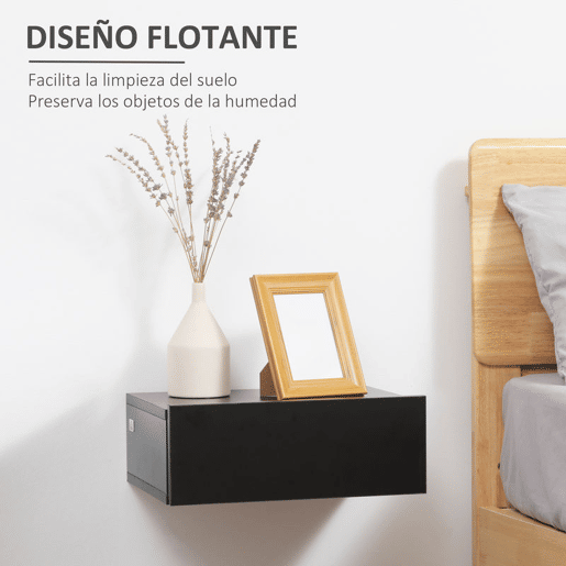 HOMCOM Conjunto de 2 Mesas de Cabeceira com 1 Gaveta Desenho Montado na Parede Estilo Moderno para Dormitório 40x30x15 cm Preto