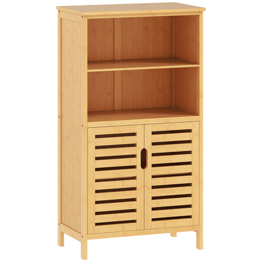 kleankin Armário Casa de Banho de Bambu Móvel Auxiliar Casa de Banho com 2 Portas 2 Prateleiras Abertas e Pés Elevados 50x29x92 cm Madeira