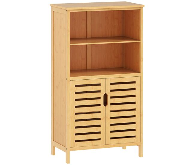 Kleankin mueble de baño de bambú armario de baño con 2 puertas 2 estantes abiertos y patas elevadas antivuelco 50x29x92 cm natural