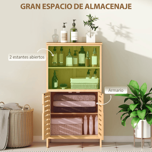 kleankin Armário Casa de Banho de Bambu Móvel Auxiliar Casa de Banho com 2 Portas 2 Prateleiras Abertas e Pés Elevados 50x29x92 cm Madeira