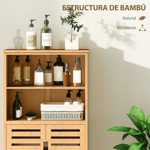 kleankin Armário Casa de Banho de Bambu Móvel Auxiliar Casa de Banho com 2 Portas 2 Prateleiras Abertas e Pés Elevados 50x29x92 cm Madeira