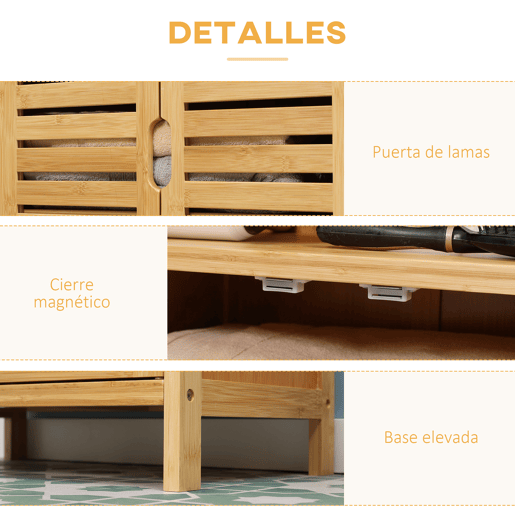 kleankin Armário Casa de Banho de Bambu Móvel Auxiliar Casa de Banho com 2 Portas 2 Prateleiras Abertas e Pés Elevados 50x29x92 cm Madeira