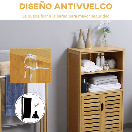 kleankin Armário Casa de Banho de Bambu Móvel Auxiliar Casa de Banho com 2 Portas 2 Prateleiras Abertas e Pés Elevados 50x29x92 cm Madeira