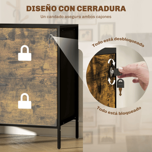 HOMCOM Móvel Arquivo para Escritório com 2 Gavetas Bloco de Gavetas para Arquivos com Fechadura para Pastas Suspensas Tamanho A4 e Carta 80x39x73,5 cm Preto e Marrom