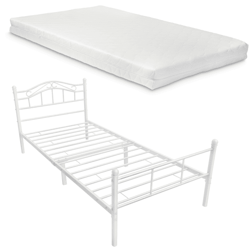 Cama de metal Florenz com cabeceira e colchão 120x200 Branco en.casa