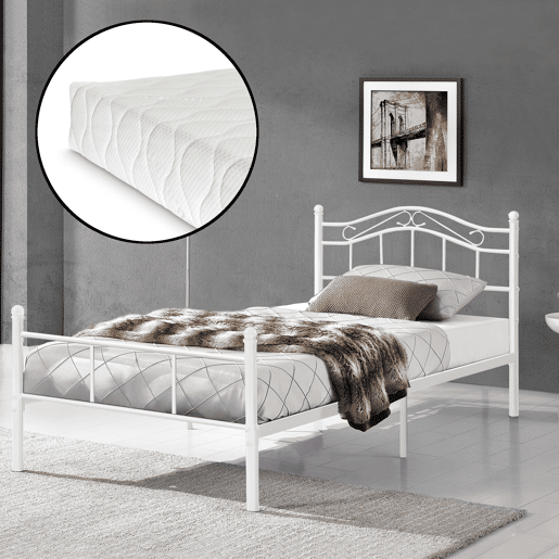 Cama de metal Florenz com cabeceira e colchão 120x200 Branco en.casa
