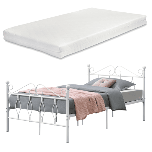 Cama individual Apolda Metal com colchão 120 x 200 cm Apoio de cabeça branco mate en.casa