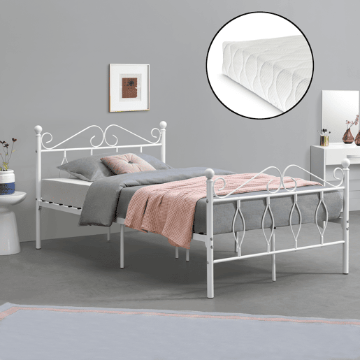 Cama individual Apolda Metal com colchão 120 x 200 cm Apoio de cabeça branco mate en.casa