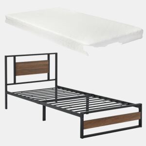 Cama individual Villach com estrado de molas e colchão 90 x 200cm- Efeito preto mate e nogueira en.casa