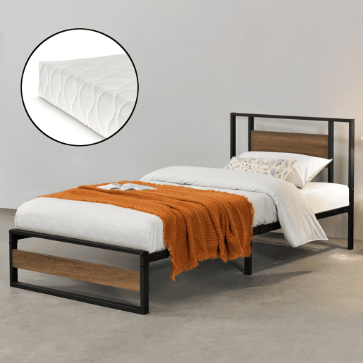 Cama individual Villach com estrado de molas e colchão 90 x 200cm- Efeito preto mate e nogueira en.casa