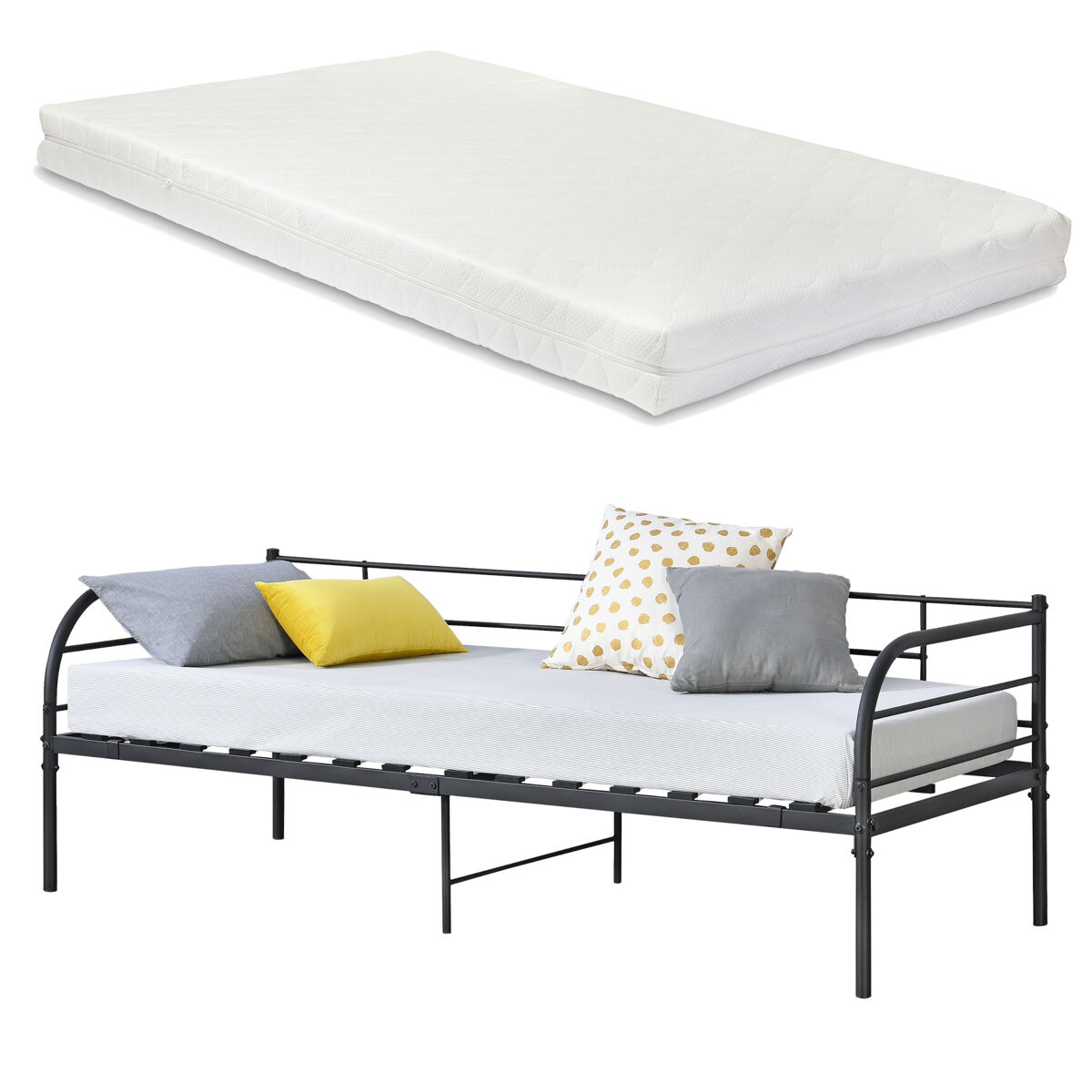 Cama individual falun diván con reposacabezas colchón metal 90 x 200 cm - negro mate [en.casa]