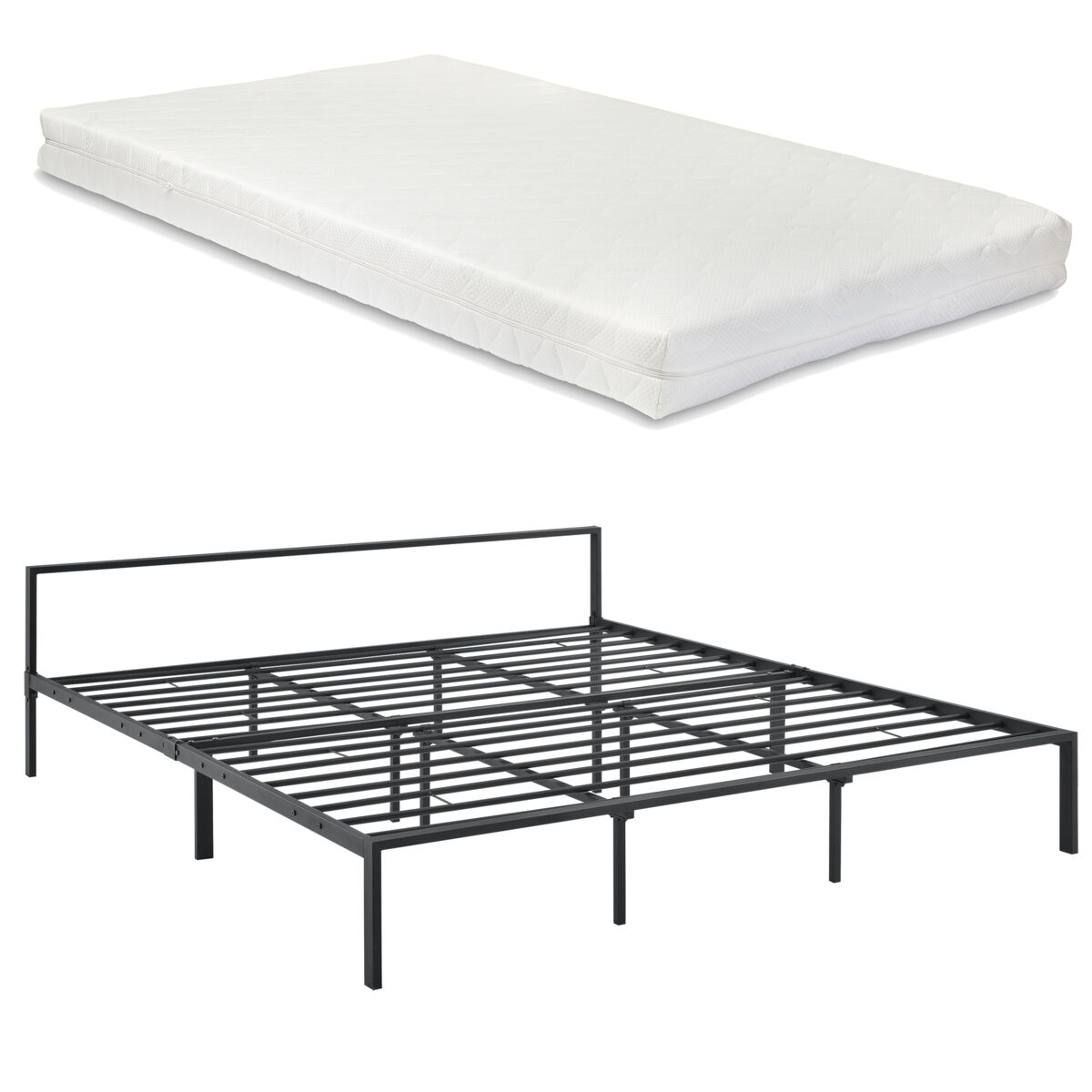 Cama doble imatra de metal con somier y con colchón - minimalista 180 x 200 cm negro mate [en.casa]