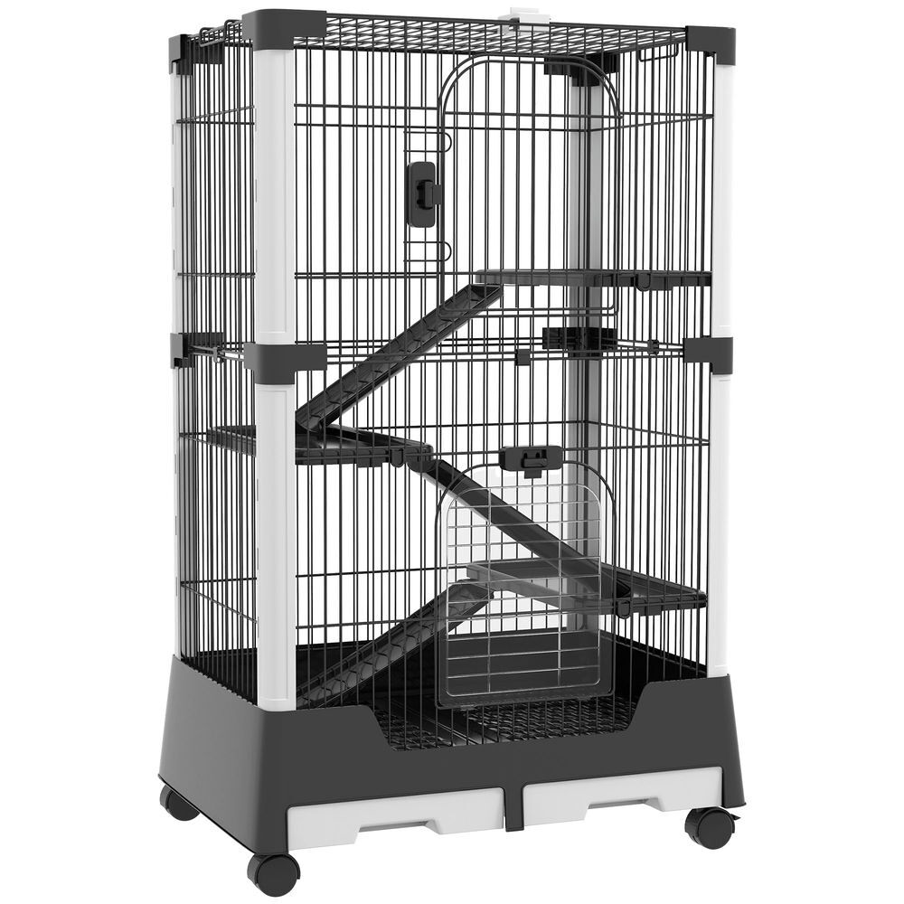 Pawhut jaula para animales pequeños con ruedas 114x75x50 cm valla para mascotas con 3 plataformas 3 rampas bandejas extraíbles para hurones conejos negro