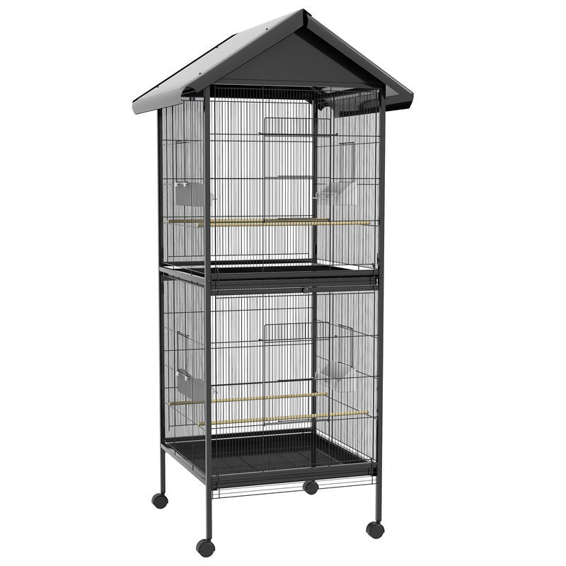 Pawhut jaula para pájaros grande de 2 pisos convertible en sola pajarera con ruedas 4 comederos 4 perchas y bandejas extraíbles para canarios loros 78x75x168 cm negro