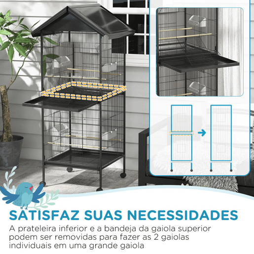 PawHut Gaiola para Pássaros 2 em 1 Gaiola de 2 Andares Convertível em Somente Uma com Rodas 4 Comedouros e 4 Poleiros e Bandejas Amovíveis para Canários 78x75x168 cm Preto PawHut Gaiola para Pássaros 2 em 1 Gaiola de 2 Andares Convertível em Somente Uma com Rodas 4 Comedouros e 4 Poleiros e Bandejas Amovíveis para Canários 78x75x168 cm Preto