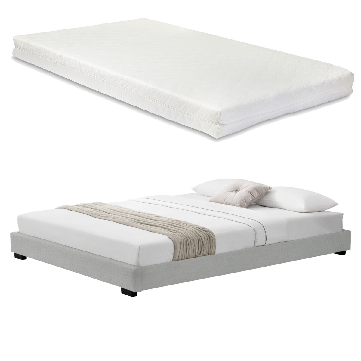 Cоrium cama doble solingen tapizado en piel sintética con colchón de espuma fría 140 x 200 - blanco