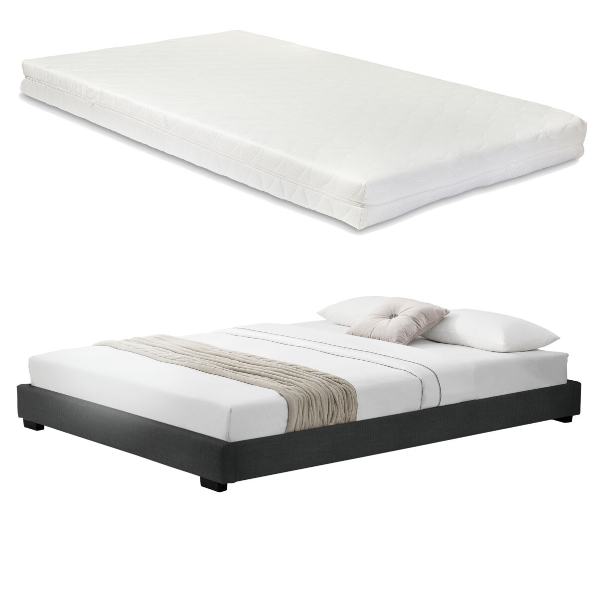 Cоrium cama doble solingen tapizado en piel sintética con colchón de espuma fría 180 x 200 - negro